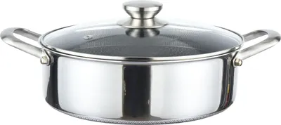 A stainless steel pot with a glass lid and handles, shown from the front.