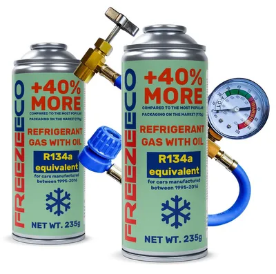 Productafbeelding van Set FreezeEco 2x 2-in-1 universeel koelmiddel R134a voor airconditioning, met olie + slang