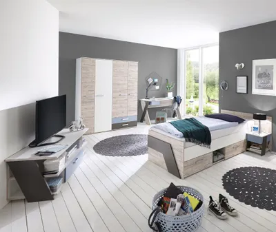Produktbild von Jugendzimmer Set 5-teilig mit Kleiderschrank LEEDS-10 in Sandeiche Nb. mit weiß, Lava und Denim Blau