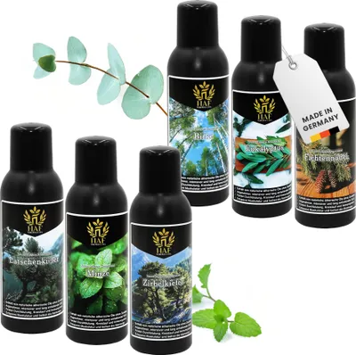 Produktbild von HAF Saunaaufguss Set „Waldfrische“ - 6 x 100ml Sauna Aufgussmittel Birke, Eukalyptus, Fichtennadel, Latschenkiefer, Minze, Kiefer