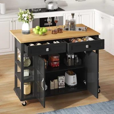 Immagine prodotto di Carrello da cucina con piano di lavoro estensibile, 2 cassetti, 2 ante, ruote, dimensioni 120x40-65x89 cm, colore nero