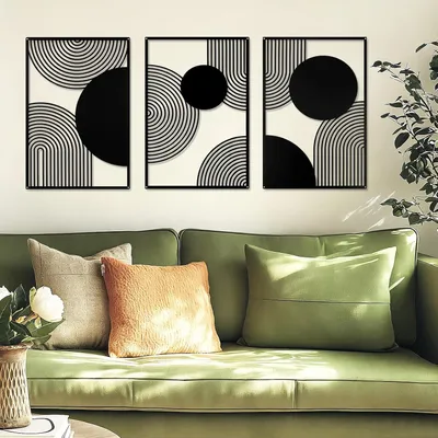 Productafbeelding van 3 Stuks Zwart Metalen Wanddecoratie Zwart Modern Geometrisch Wanddecoratie Hangende Minimalistische Lijn Wandkunst voor Slaapkamer Woonkamer Badkamer