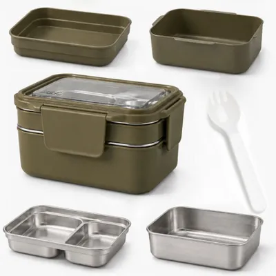 Produktbild von Lunchbox Edelstahl 1200 ml – 2-stöckige Bento Box mit 3 Fächern, Gabel - Grün