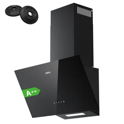 A black kitchen range hood with two charcoal filters shown above it.