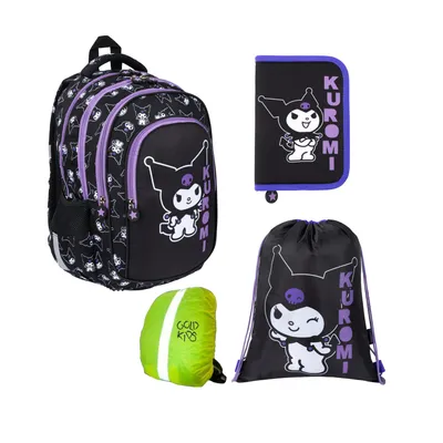 Produktbild von Goldkids - Schulranzen für Jungen und Mädchen, 4er-Set - Schul-Rucksack für Kinder mit Federmäppchen - Schuhbeutel und Regenschutz - Kuromi Motiv
