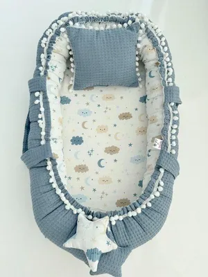 Image de Nid pour bébé Jaju avec oreiller, Coton, bleu, 74 x 40 cm