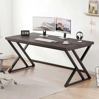 Imagen del producto de Escritorio de ordenador, color gris oscuro, madera de roble - 140 cm de ancho - 75,5 cm de alto - Mesa de trabajo de estilo industrial