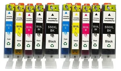 A set of ten compatible ink cartridges for Canon printers, arranged in a row.