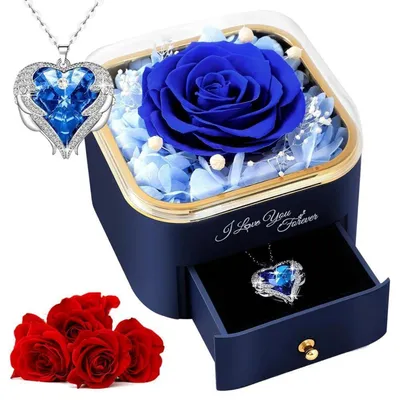 Produktbild von Ewige Rose mit Halskette Rosenbox Dunkelblau Geschenk für Frau