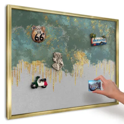 Produktbild von Magnettafel 70x50 cm mit goldenem Rahmen - Magnetische Metalltafel, Magnetpinnwand zur Wandmontage für Wohnzimmer, Küche, Flur, Kinderzimmer und Büro - Türkis-Abstraktion