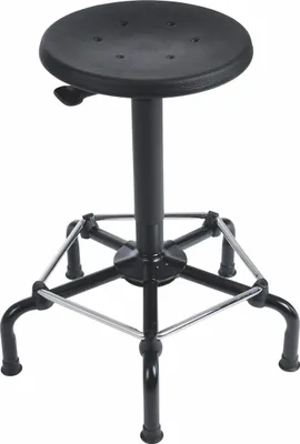 Produktbild von Drehhocker Atlanta | Sitzhöhe 56-75cm | Ø 63cm | Tragfähigkeit 110kg | Polyurethane-Sitz | Kunststof-Fußkreuz mit Gleiter & Fußstütze | Hebelauslösung | Schwarz