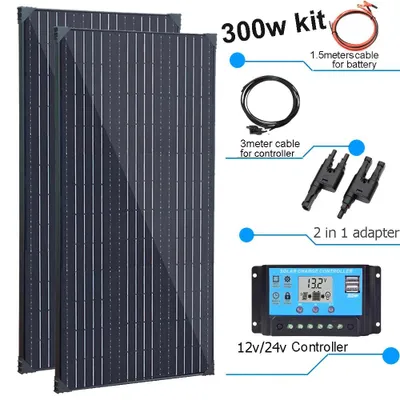 Immagine prodotto di Pannello solare - 300W - 2 pezzi - 12V - Monocristallino - Struttura in alluminio - Leggero e impermeabile - Ideale per camper