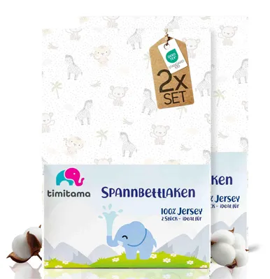 Produktbild von timitama Jersey Spannbettlaken 2er Set Baby Kinder 100% Baumwolle 60x120 & 70x140 cm Rundumgummi