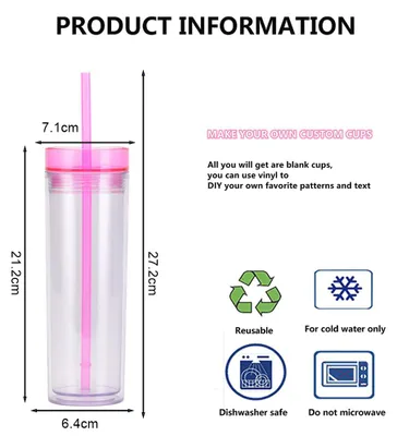 Produktbild von 450 ml transparenter, doppelwandiger Strohhalmbecher mit farbigem Deckel, doppelwandiger Wasserbecher mit Strohhalm