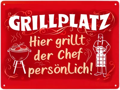 Produktbild von Grillplatz Metallschild XXL in 28x38 cm - Chef grillt persönlich
