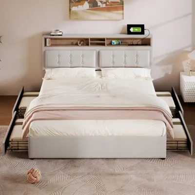 Produktbild von Doppelbett mit 4 Schubladen& USB C Steckdose, Polsterbett 140x200cm, Höhenverstellbarem Kopfteil, Lattenrost aus Holz(Ohne Matratze)