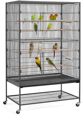 Image de Cage à oiseaux Yaheetech, dimensions 56 x 93 x 153 cm, avec 4 perchoirs en bois et roulettes à 360°