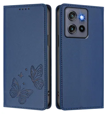Image de Étui en cuir pour Motorola Edge 60 Neo/Edge 50 Neo, motif papillon, étui à rabat avec porte-appareil Bleu foncé