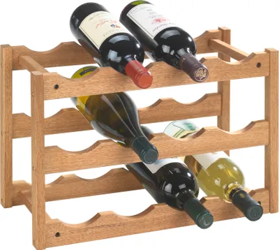 A wooden wine rack holding several bottles of wine.