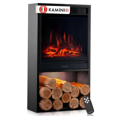 Immagine prodotto di KAMINIO Camino elettrico HUGO - Stufa elettrica con riscaldamento, effetto fiamma 3D, luce d'atmosfera a LED, vano legna, telecomando - Nero, Immagine generata dall'IA