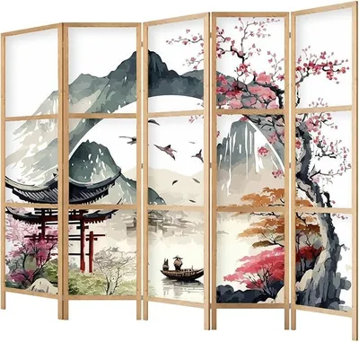 Imagen del producto de Panel divisor de ambientes de madera, 225x172 cm, de 5 paneles, de un solo lado, en estilo oriental