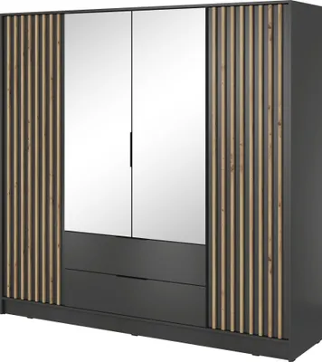 A modern wardrobe with mirrored doors and wooden slat accents.