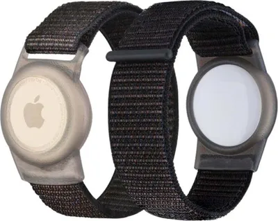 Two Apple AirTag holders with straps, shown against a white background.