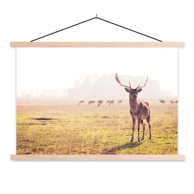 Produktbild von MuchoWow® Textilposter Hirsche - Geweihe - Gras 60x40 cm mit holzfarbenen Rahmen - Bilder