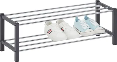 Produktbild von Schuhregal DUBLIN mit 2 Ablagen in grau. Robustes Metallregal mit edel verchromter Schuhablage. Flurmöbel Schuhaufbewahrung, Organizer für den Flur.