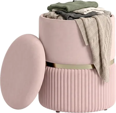 Produktbild von Sitzhocker mit Stauraum, Fußhocker und Aufbewahrungstruhe aus Cordsamt, modernes Design, 36 x 36 x 44 cm, für Wohnzimmer und Schlafzimmer, Rosa