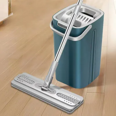 Produktbild von Wischmops, Wischmopp Set, mit 125 cm Flachmopp und Bodenreinigungsset, Doppelkammereimer, nass und trocken, Eimer, 360° schwenkbarer Mopp