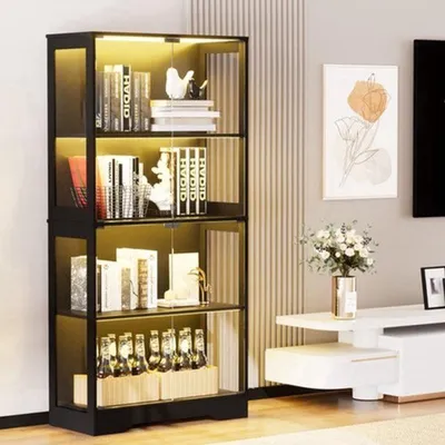 Zdjęcie produktu dla Szafka witryna, 4-poziomowa - czarna - 80x165x35 cm - wykonana z MDF i hartowanego szkła - z oświetleniem LED