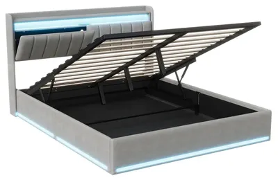 Image de Lit hydraulique avec rangement - Sommier 140 x 200 cm - Tête de lit rembourrée de velours - Éclairage LED - Coffre de rangement - Prises USB - Beige