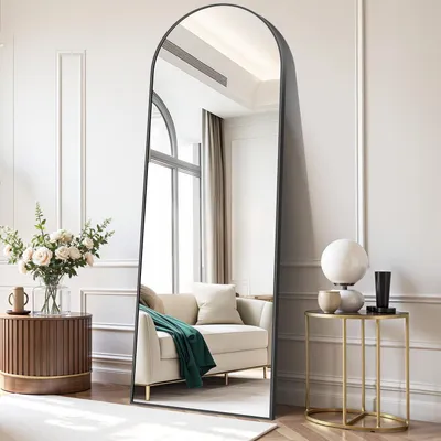 Image de Miroir de plein corps, dimensions 179 x 65 cm. Miroir sur pied avec cadre en aluminium noir, idéal pour se tenir debout, être adossé ou être accroché