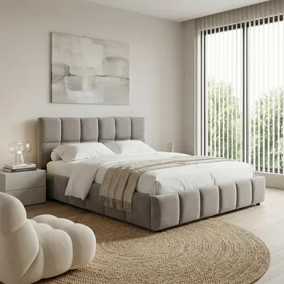 Produktbild von Polsterbett EMILIA 180x200 cm, Grau - Bett mit Lattenrost, Bettgestell mit gepolstertem Kopfteil, Stoffbett mit moderner Steppung, Modernes Design und stabile Konstruktion