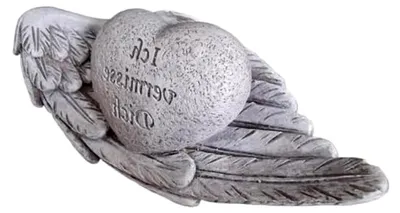 Produktbild von Grabherz auf Flügel Dekoration, Herz mit Inschrift 'Ich vermisse Dich' auf Engelsflügel, grauer Stein-Look