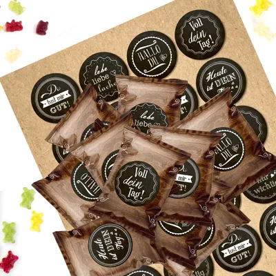 Produktbild von 24 kleine Gummibärchen Tütem mit Aufklebern - Sprüche gute Wünsche als kleine Aufmerksamkeit