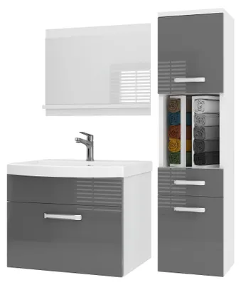 Immagine prodotto di Set di mobili da bagno BELINI PRI P3, 90 cm, grigio lucido - Mobile bagno moderno con lavabo e specchio, completo di tutti gli accessori, da montare a parete