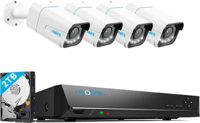 Produktbild von Reolink 4K Überwachungskamera Aussen Set, 8CH Videoüberwachung mit 4X 8MP PoE IP Kamera und 2TB HDD NVR für 24/7 Aufnahme, Personenerkennung und Fahrzeugerkennung, Farbige Nachtsicht, IP66, RLK8-811B4-A
