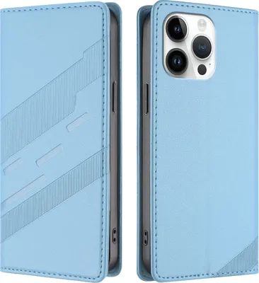 Produktbild von Hülle für iPhone 14 Pro Max, Kunstleder Brieftaschen Handyhülle mit Kartenfach und Standfunktion Hellblau