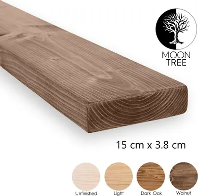 A wooden shelf with different color swatches and dimensions shown below.
