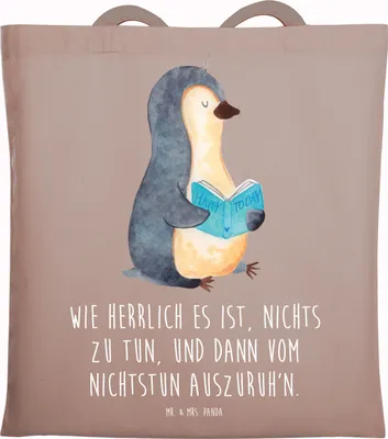 Produktbild von Mr. & Mrs. Panda Tote Bag Pinguin Buch - Braun Pastell - Geschenk, Urlaub, Jutebeutel, Shopping Tasche, Laptoptasche, Büchertasche, festival, Ferien, Beutel, Pause