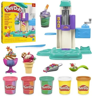 Obrázek produktu pro Play-Doh Duhová zmrzlina, hračka zmrzlinovač, 5 plechovek po 56 g, příslušenství, od 3 let