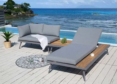 Produktbild von ALEOS. Gartenlounge Lounge aus Aluminium mit Massiv Holz Teak Multifunktionslounge Lounge-Set Loungegarnitur Sitzgruppe Doppelliege Sofagarnitur Barbados grau anthrazit Spunpoly Kissen