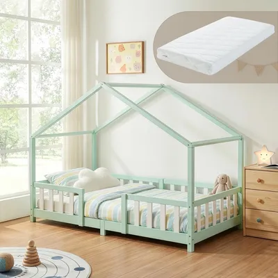 Immagine prodotto di Letto per bambini 'Treviolo' con materasso e protezione anticaduta 90x200cm Verde menta / bianco