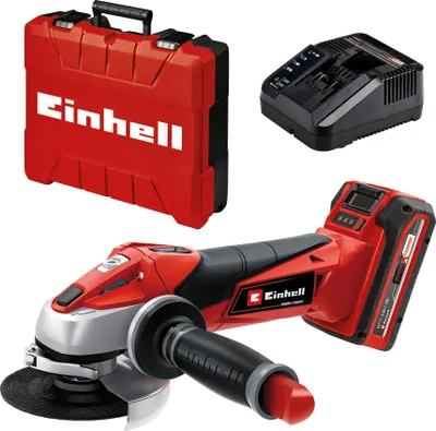 A red and black Einhell cordless angle grinder set with a case and charger, displayed on a white background.