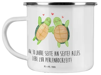 Produktbild von Mr. & Mrs. Panda Emaille Tasse 30. Hochzeitstag Perlenhochzeit - Transparent - Geschenk, Haferl, alles Liebe, Weisheit, Teetasse, Geschenke, Heiraten, Pott, becher, Feier