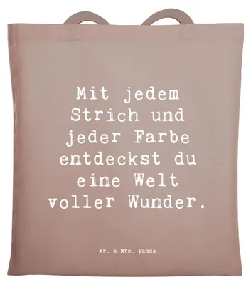Produktbild von Mr. & Mrs. Panda Tote Bag Spruch Die Freude an der Kreativität entdecken - Braun Pastell - Geschenk, Jutebeutel, Zuversicht, Fantasie, Schultasche, einzigartige Farben
