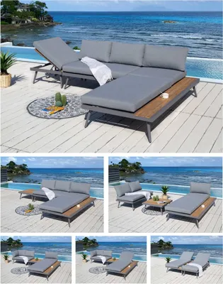 Produktbild von ALEOS. Gartenlounge Lounge aus Aluminium mit Massiv Holz Teak Multifunktionslounge Lounge-Set Loungegarnitur Sitzgruppe Doppelliege Sofagarnitur Barbados grau anthrazit Spunpoly Kissen