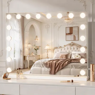 Imagen del producto de VANITII Espejo de maquillaje Hollywood, 80 cm x 58 cm, con iluminación, 18 luces regulables, 3 modos de luz, espejo de cosmética para baño o tocador, color blanco